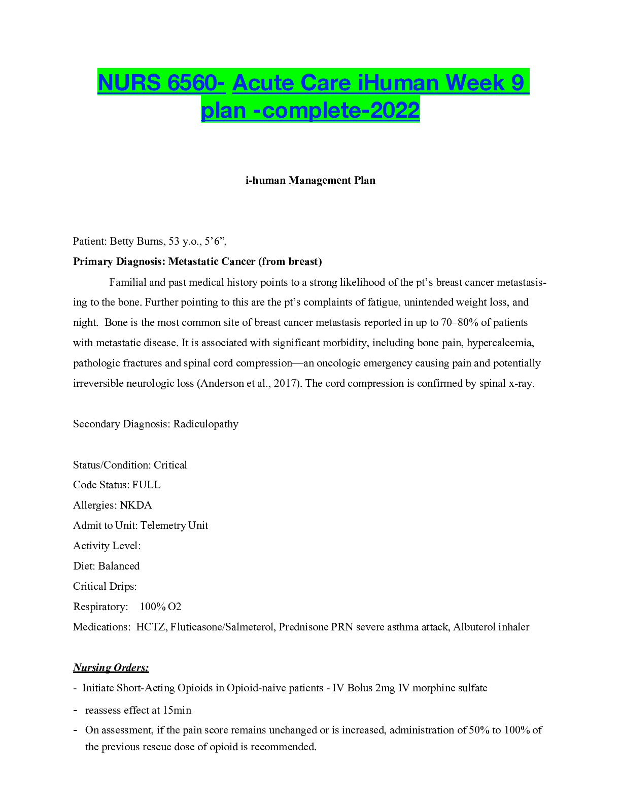 Preview of NURS 6560- Acute Care iHuman Week 9 plan -complete-2022